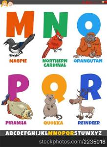 Cartoon illustration of colorful alphabet set from Letter M to R with comic animal characters