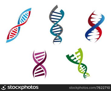 Cartoon illustration of colourful DNA strands with their coiled helical structure of genetic nucleotides , five different variants