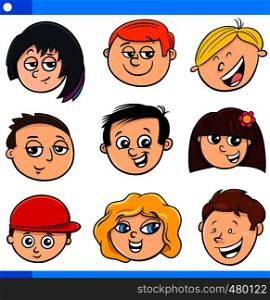 Cartoon Illustration of Comic Children or Teens Characters Faces Set