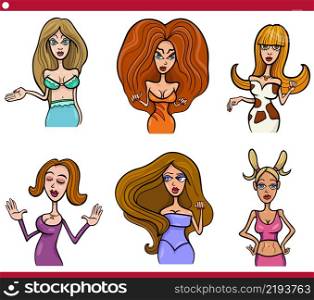 Cartoon illustration of comic women characters set