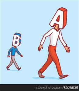 Cartoon illustration of competition between two letter heads walking