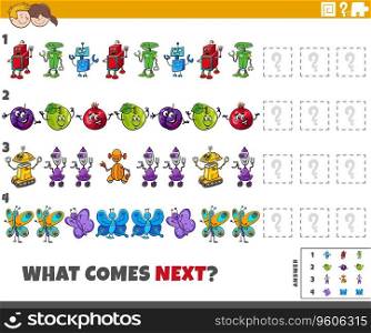 Cartoon illustration of completing the pattern educational activity for children with comic characters
