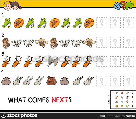 Cartoon Illustration of Completing the Pattern Educational Activity Game for Preschool Children with Animal Characters
