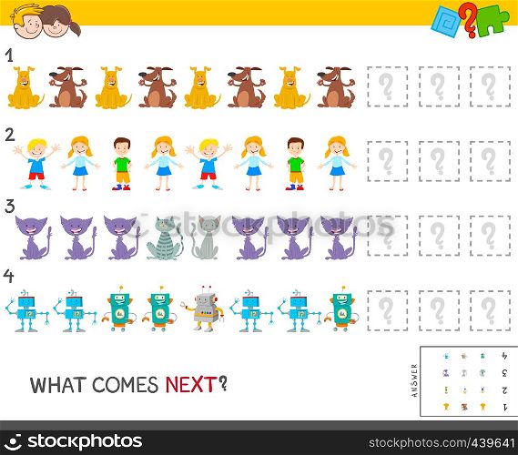 Cartoon Illustration of Completing the Pattern Educational Game for Children with Animals and Kids and Robots Characters