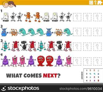 Cartoon illustration of completing the pattern educational game for children with comic characters