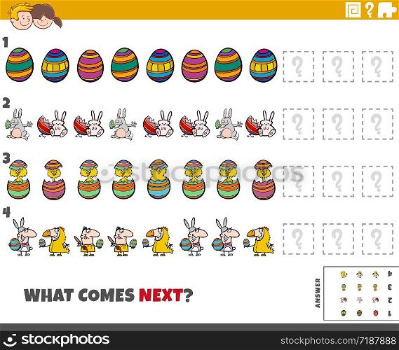 Cartoon Illustration of Completing the Pattern Educational Game for Children with Easter Holiday Characters