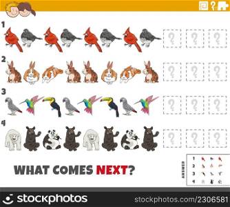 Cartoon illustration of completing the pattern educational game for children with funny animal characters