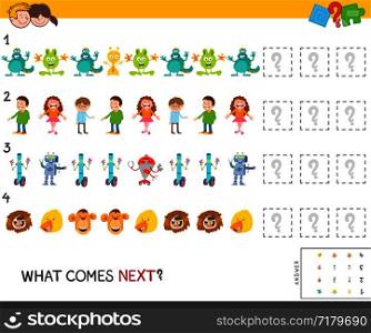 Cartoon Illustration of Completing the Pattern Educational Game for Children with Funny Comic Characters