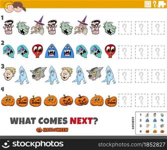 Cartoon illustration of completing the pattern educational game for children with scary Halloween characters