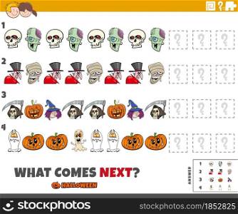 Cartoon illustration of completing the pattern educational game for children with spooky Halloween characters