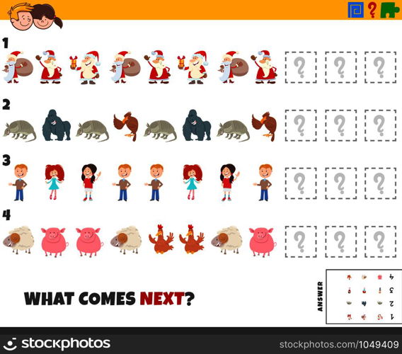 Cartoon Illustration of Completing the Pattern Educational Game for Kids with Comic People and Animal Characters