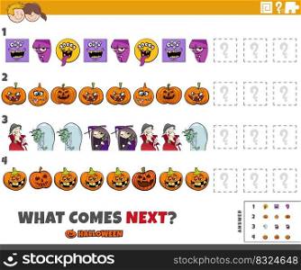 Cartoon illustration of completing the pattern educational game with scary Halloween characters