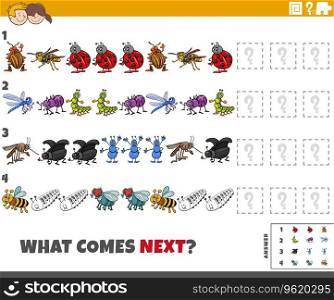 Cartoon illustration of completing the pattern educational task for children with insects animal characters