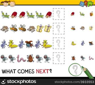 Cartoon Illustration of Completing the Pattern Educational Task for Preschool Children with Insects