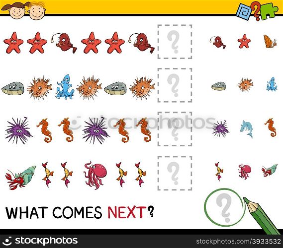 Cartoon Illustration of Completing the Pattern Educational Task for Preschool Children with Sea Animals
