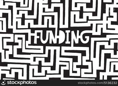 Cartoon illustration of complex funding word on maze 