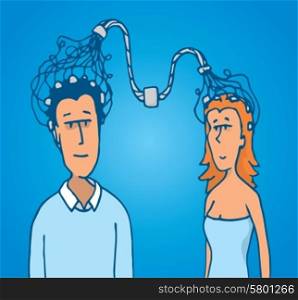Cartoon illustration of connection between man and woman brains