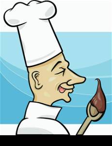 Cartoon Illustration of Cook with Chocolate Cream on the Spoon