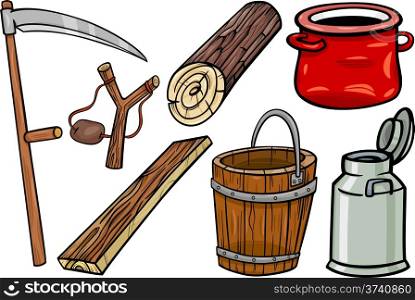 Cartoon Illustration of Country Retro and Obsolete Objects Clip Art Set