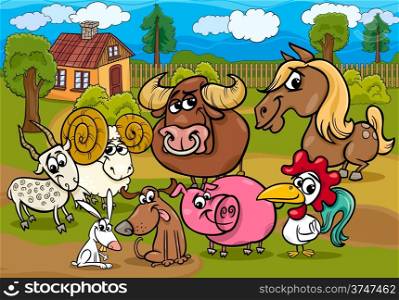 Cartoon Illustration of Country Rural Scene with Farm Animals Livestock Characters Group