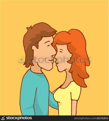 Cartoon illustration of couple hugging and kissing