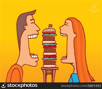 Cartoon illustration of couple sharing a huge hamburger with huge mouth