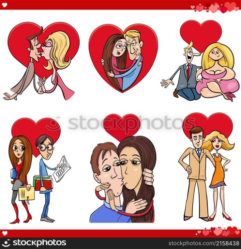 Cartoon illustration of couples in love on Valentines Day comic set