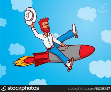 Cartoon illustration of cowboy riding a missile as rodeo