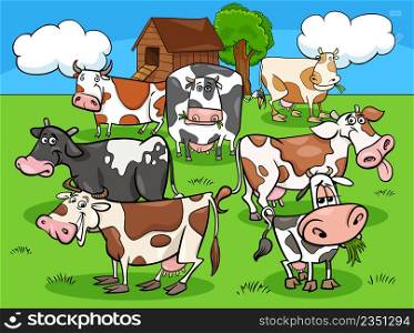 Cartoon illustration of cows farm animal characters group in the countryside