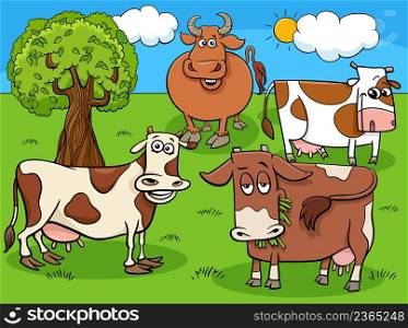 Cartoon illustration of cows farm animal characters group in the meadow