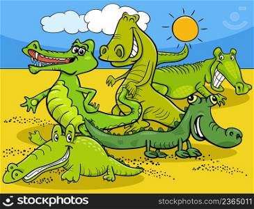Cartoon illustration of crocodiles wild animal characters group