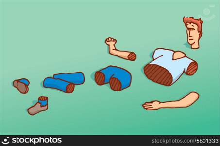 Cartoon illustration of cut man thrown on the floor into pieces