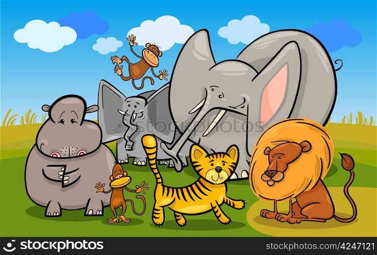 Cartoon Illustration of Cute African Safari Wild Animals Group against Blue Sky