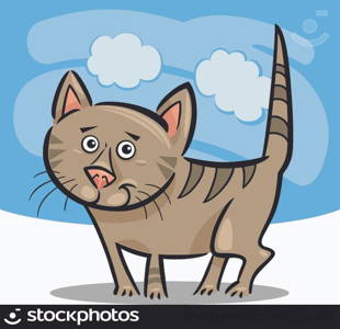 Cartoon Illustration of Cute Brown Tabby Cat or Kitten Against Blue Sky