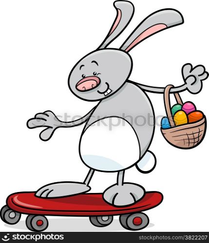 Cartoon Illustration of Cute Bunny with Easter Eggs on Skateboard