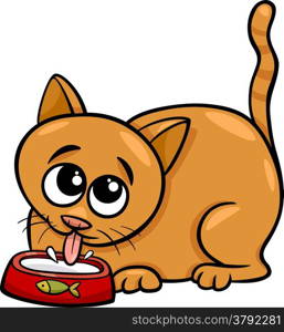 Cartoon Illustration of Cute Cat Drinking Milk from a Bowl
