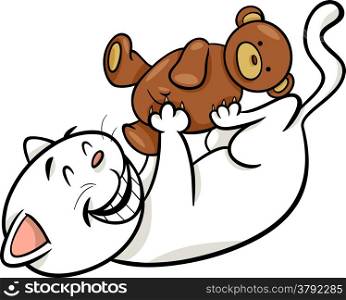 Cartoon Illustration of Cute Cat Playing with Teddy Bear