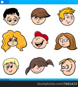 Cartoon Illustration of Cute Children Boys and Girls Faces Set
