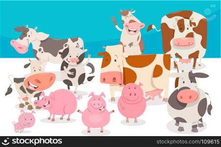 Cartoon Illustration of Cute Cows and Pigs Farm Animal Characters Group