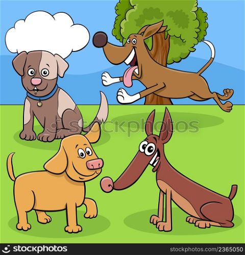 Cartoon illustration of cute dogs and puppies animal characters group
