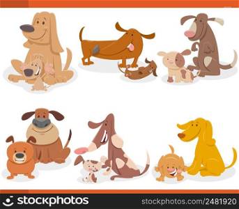 Cartoon illustration of cute dogs and puppies animal characters set