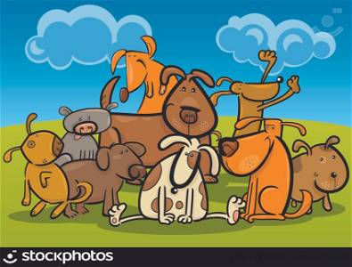 Cartoon Illustration of Cute Dogs or Puppies Group Against Blue Sky