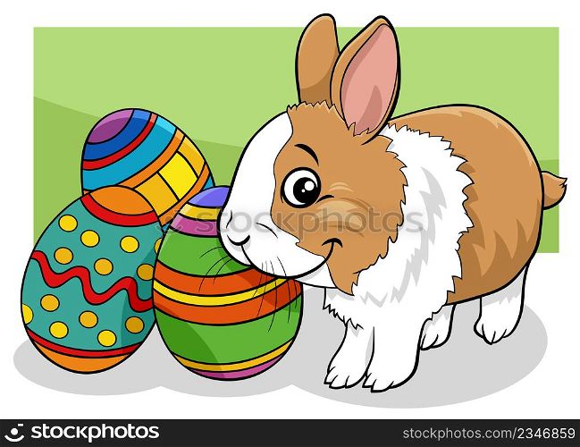 Cartoon illustration of cute Easter Bunny character with colored Easter eggs