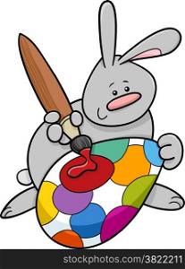 Cartoon Illustration of Cute Easter Bunny Painting Big Egg