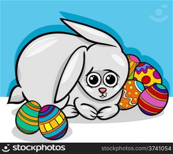 Cartoon Illustration of Cute Easter Bunny with Paschal Eggs