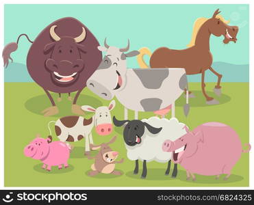 Cartoon Illustration of Cute Farm Animal Characters Group