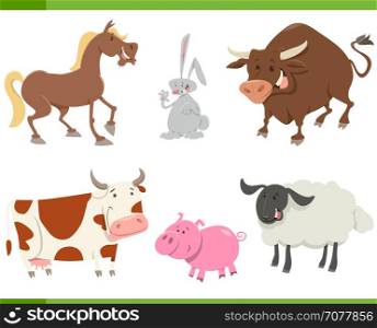 Cartoon Illustration of Cute Farm Animals Set