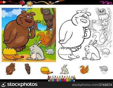 Cartoon Illustration of Cute Forest Wild Animals Group for Coloring Book with Elements Set