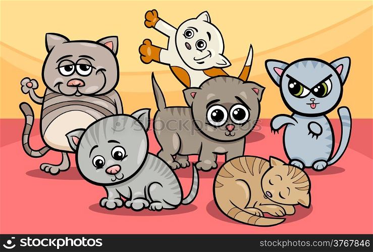 Cartoon Illustration of Cute Funny Kittens or Cats Group