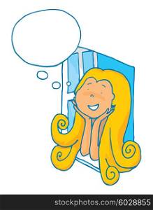 Cartoon illustration of cute girl using her imagination with blank thought bubble